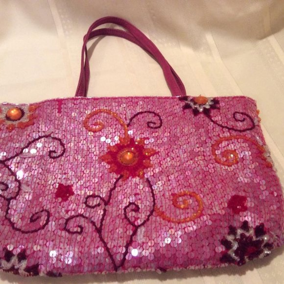 Christiana Handbags - Christiana NWOT Hot Pink Floral Sequined Purse with 2 pink Leather handles
